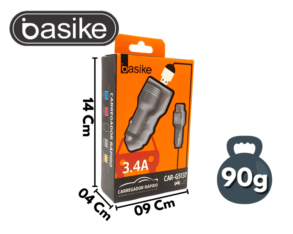 Carregador Veicular 2 Portas USB 3 4A Cabo V8 CAR-G5137-V8