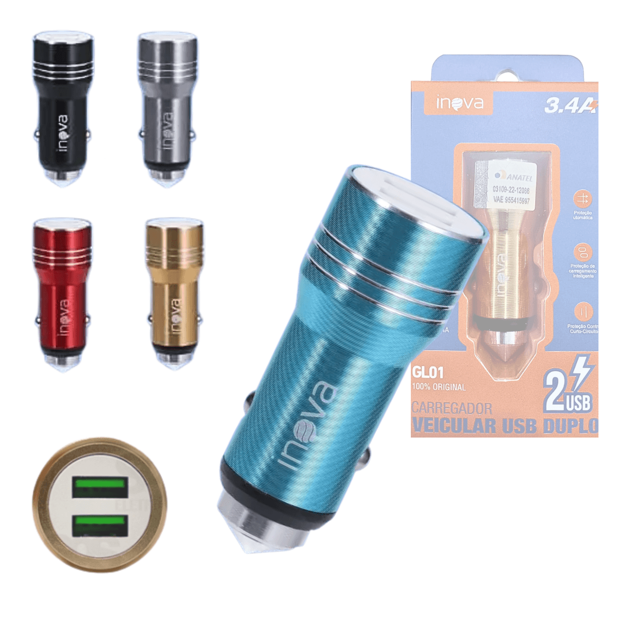 Carregador Veicular TURBO 02 Portas USB 3 4A GL01