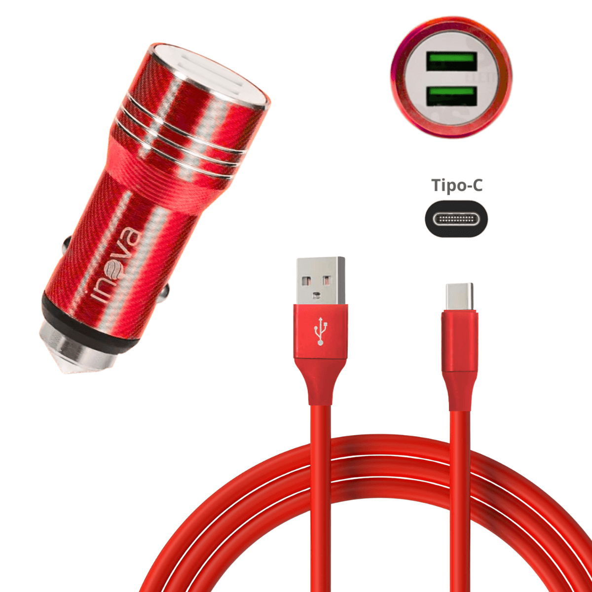 Carregador Veicular TURBO 02 Portas USB Cabo TIPO-C CAR-8357 — Vermelho
