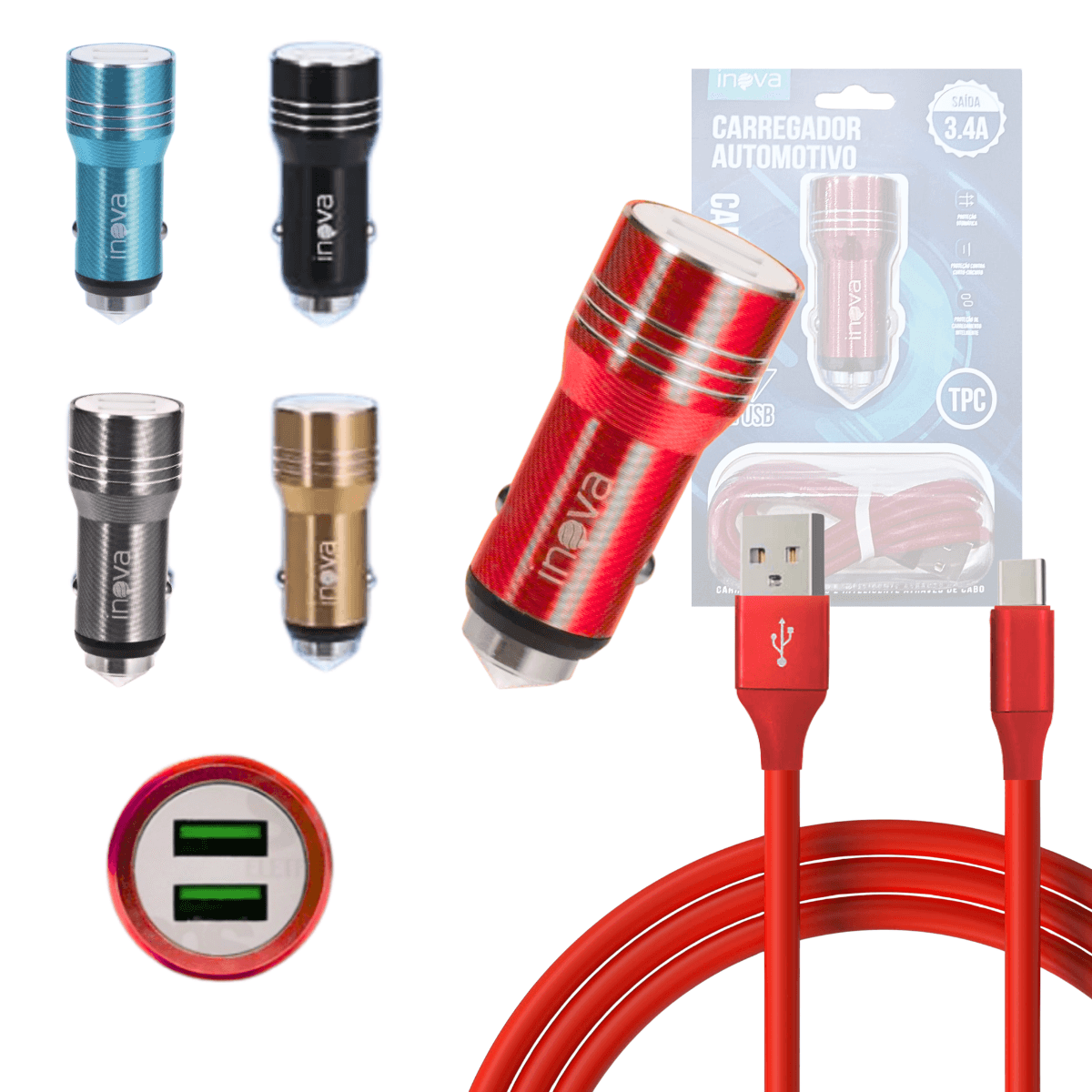 Carregador Veicular TURBO 02 Portas USB Cabo TIPO-C CAR-8357