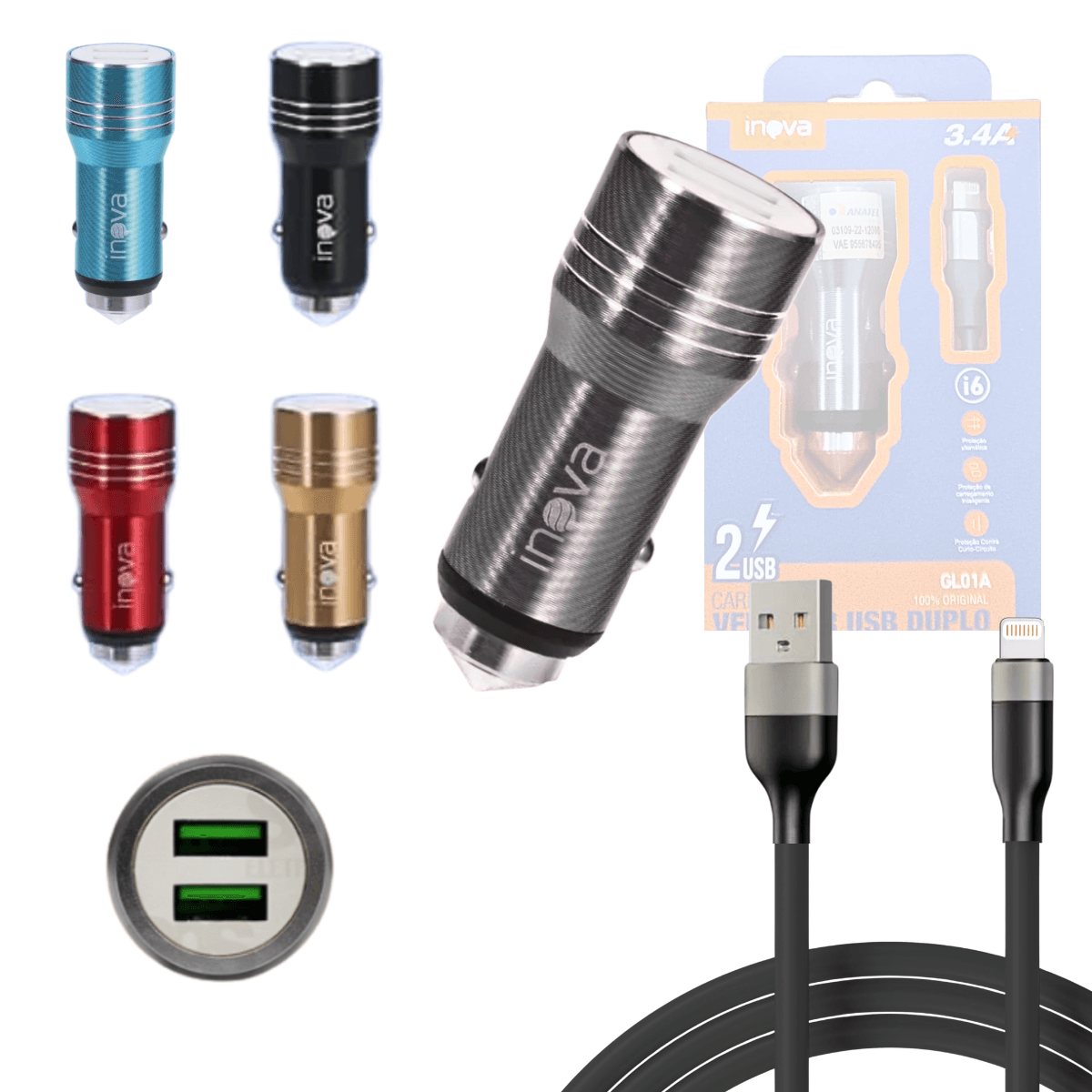 Carregador Veicular TURBO 02 Portas USB Cabo Lightning GL01A