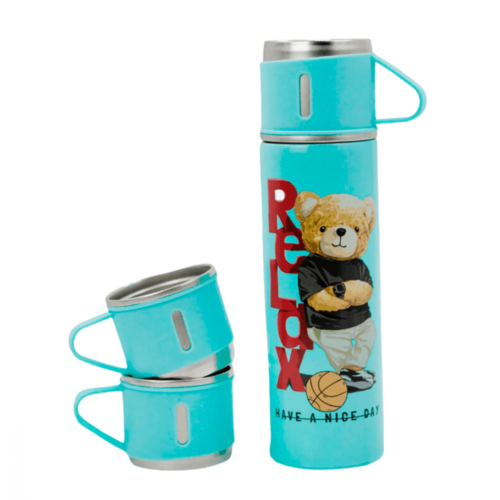 Garrafa Térmica Inox 500 ml 3 Xícaras Estampa Urso GDR1015 — Ciano