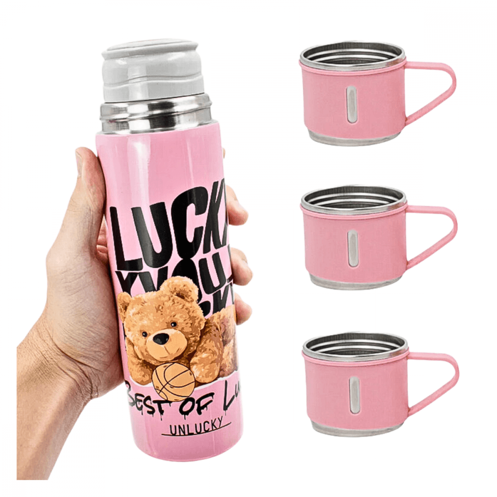 Garrafa Térmica Inox 500 ml 3 Xícaras Estampa Urso GDR1015 — Rosa