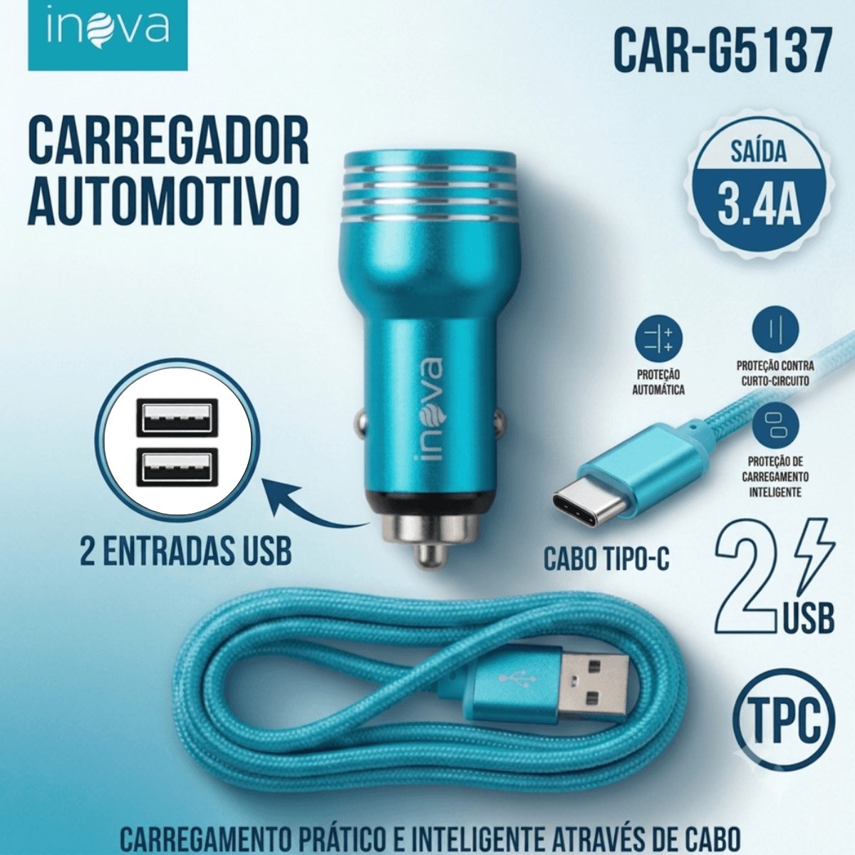 Carregador Veicular 2 Portas USB 3 4A Cabo CAR-G5137-TPC