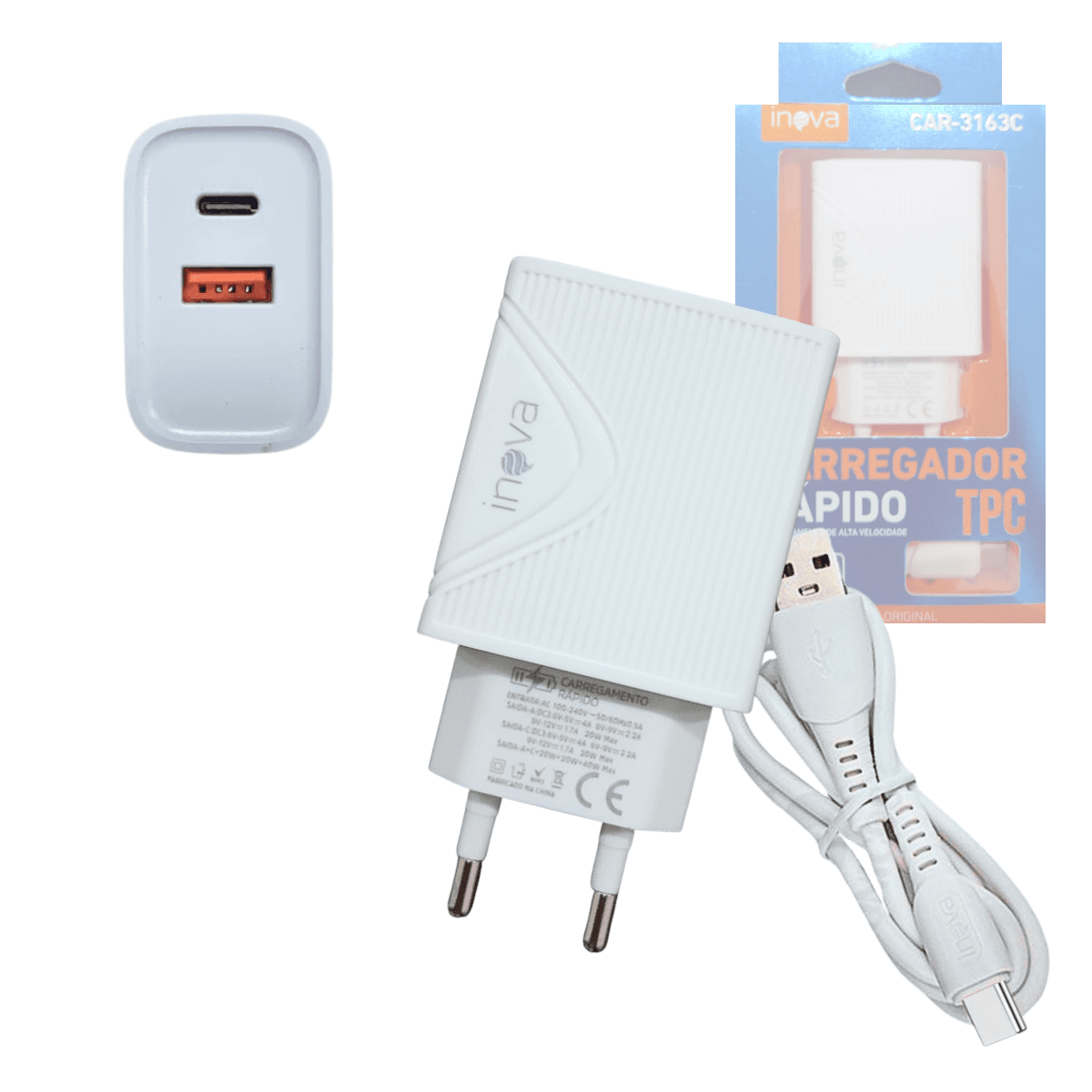 Carregador Completo Rápido 40W USB TIPO-C 1 Metro CAR-3163C — default