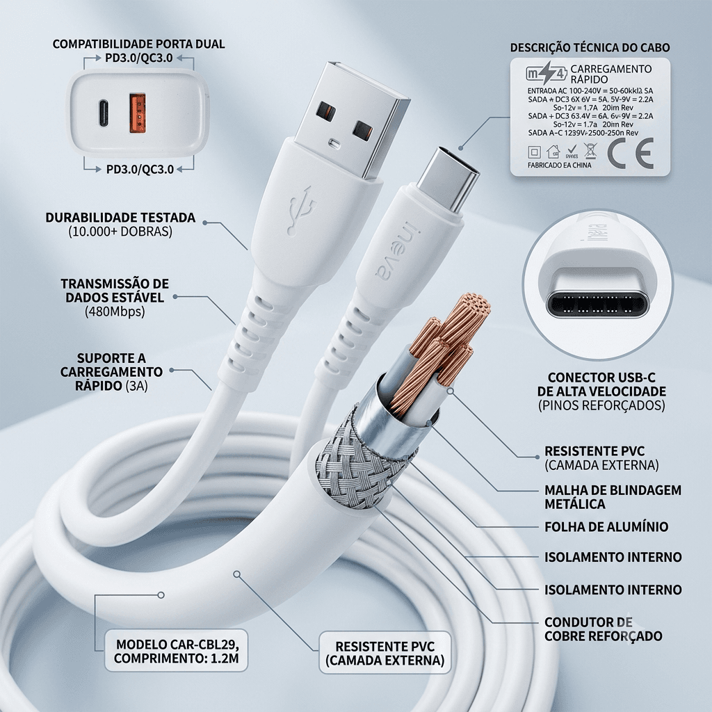 Carregador Completo Rápido 40W USB TIPO-C 1 Metro CAR-3163C