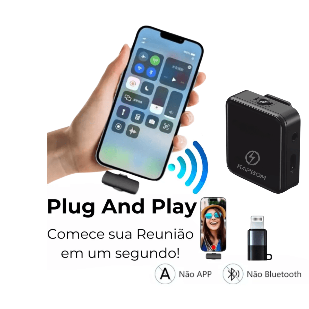 Microfone Lapela Bluetooth Conexão Tipo-C Lightning KA-R10