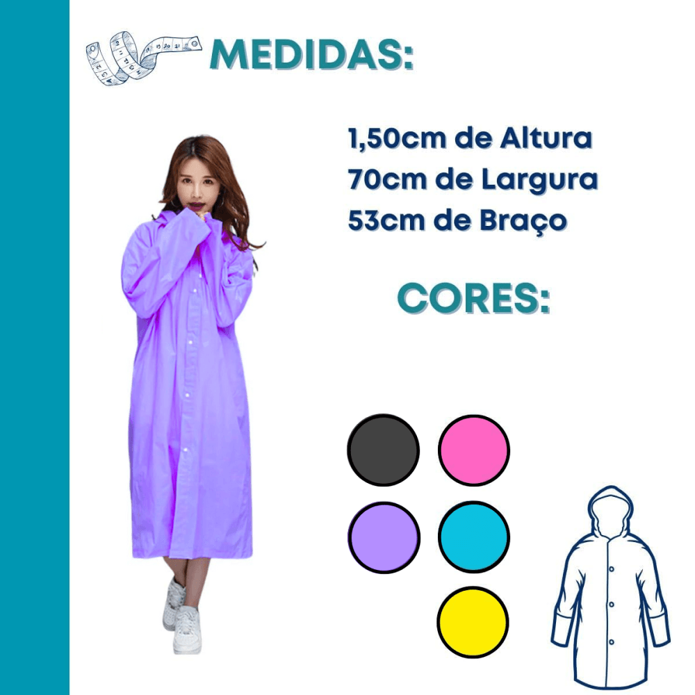Capa Chuva COLOR Impermeável Reutilizável Capuz AL-651B