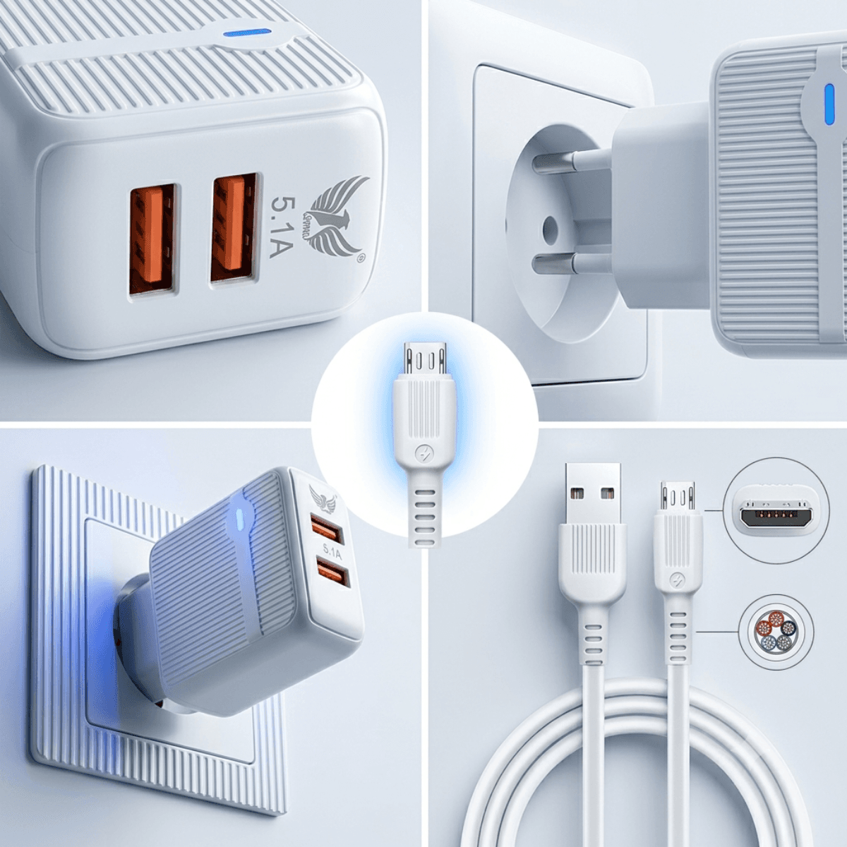 Carregador Rápido 5 1 02 Portas USB Cabo Metro V8 AL-9085-V8