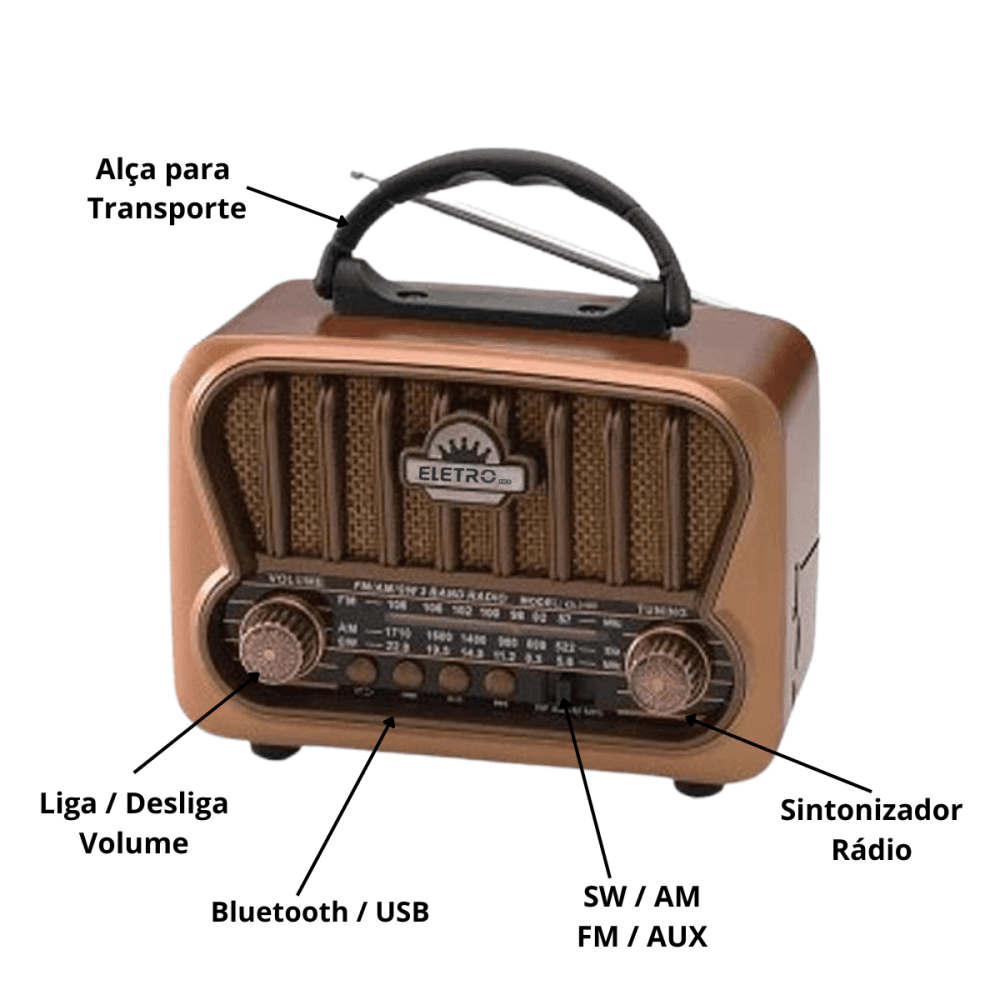 Rádio Retro 3W Bluetooth 5 1 Lanterna EL-1311
