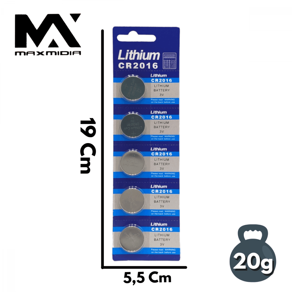 Cartela 5 unidades Bateria Litio 3V Maxmidia MAX-CR2016
