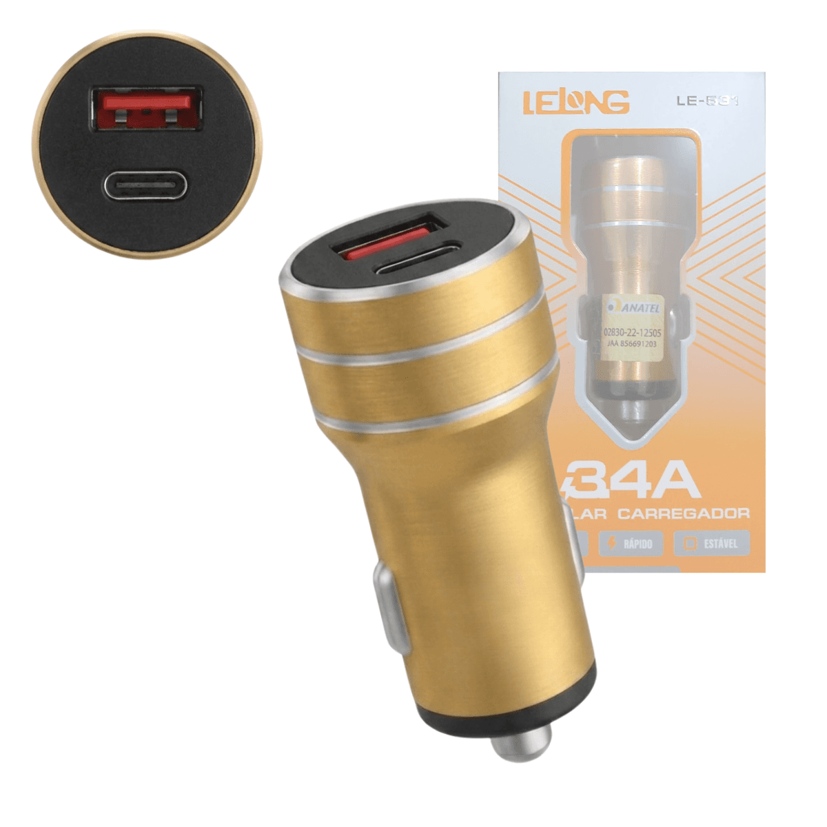 Carregador Veicular Entrada USB Tipo-C Rápido 3 4A LE-531
