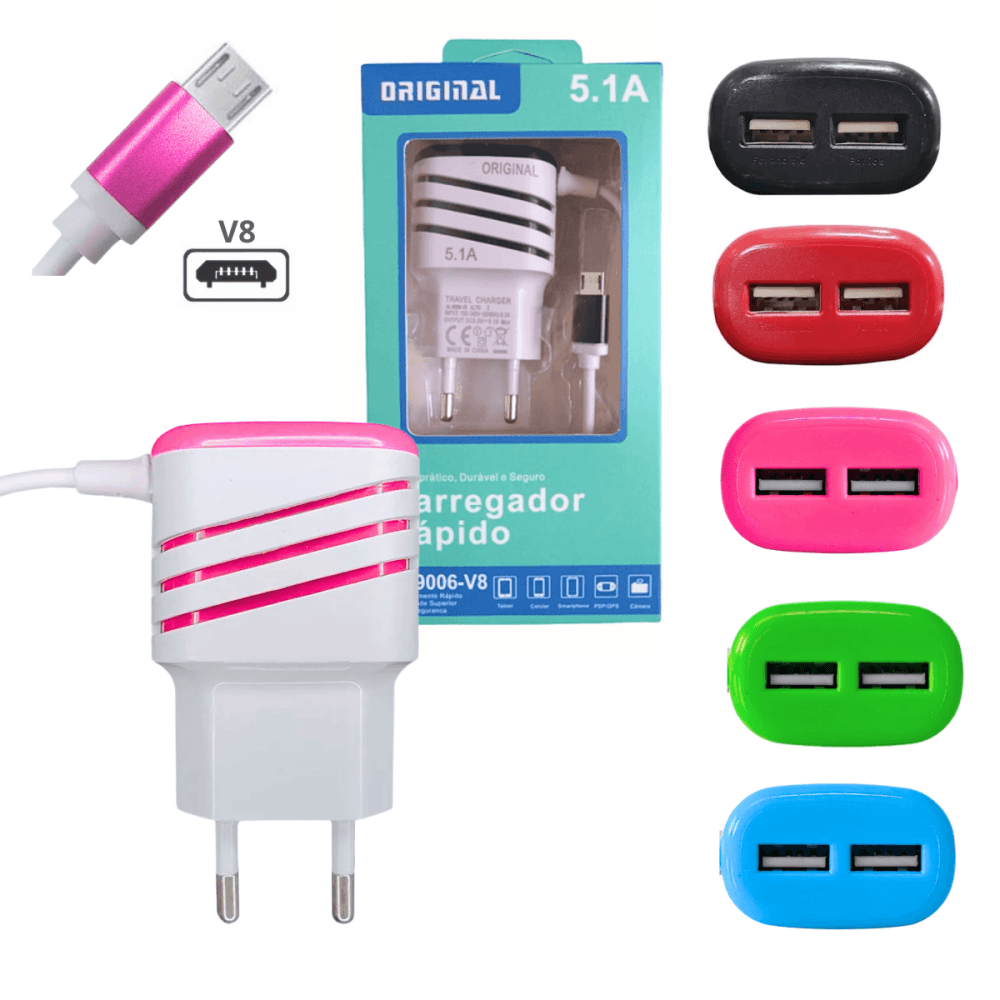 Carregador Completo V8 02 Portas USB 5 1A Cabo AL-9006-V8 — default