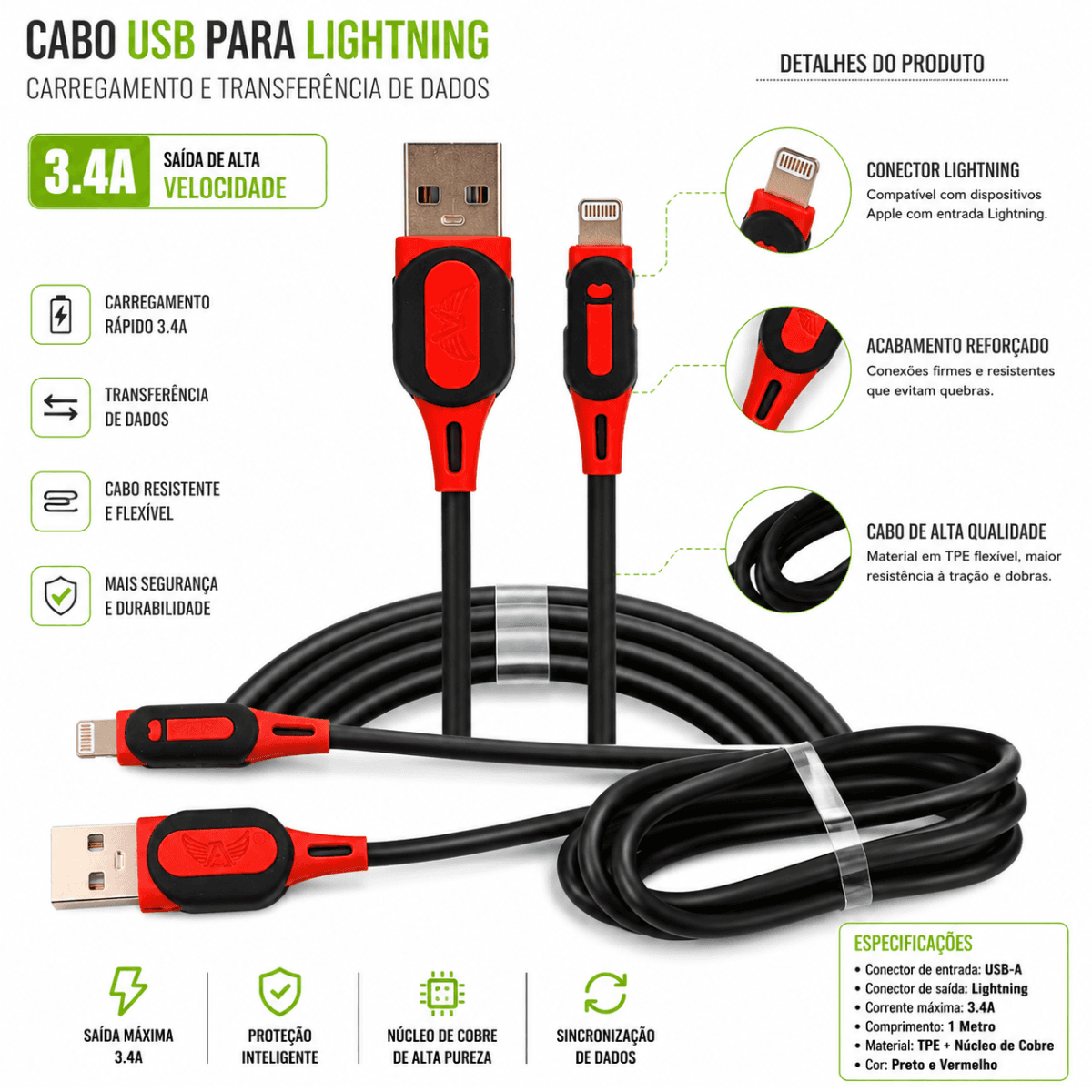 Cabo dados 3 4A 1 metro USB Lightning AL-2056-5G