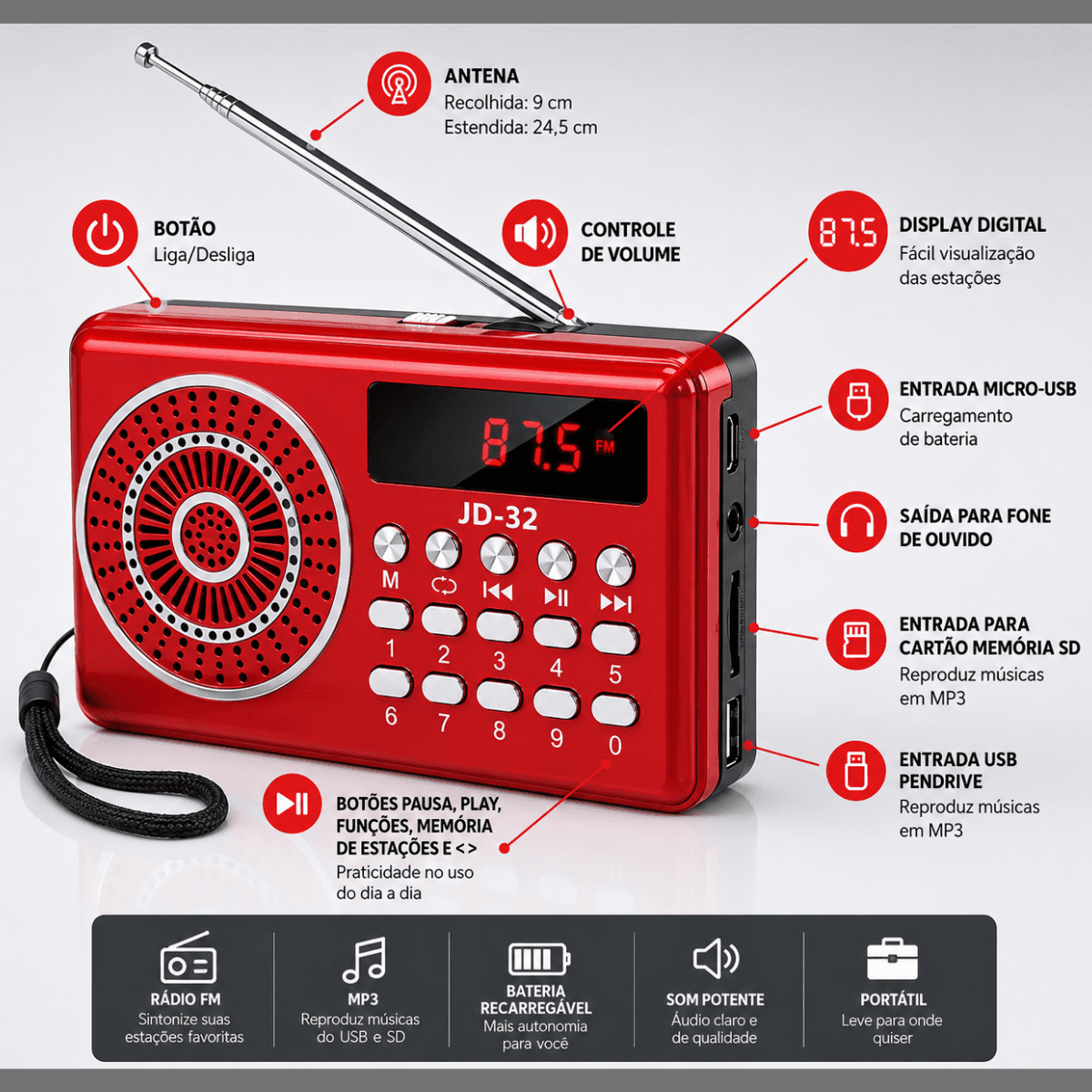 Rádio Retrô Digital FM USB com Alça JD-32