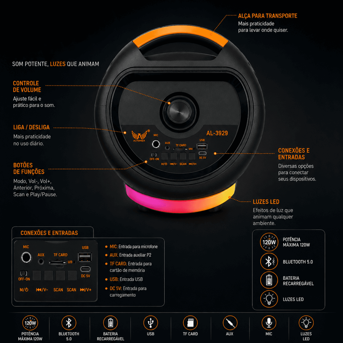 Caixa Som Bluetooth LED 120W Entrada USB TF AUX AL-3929
