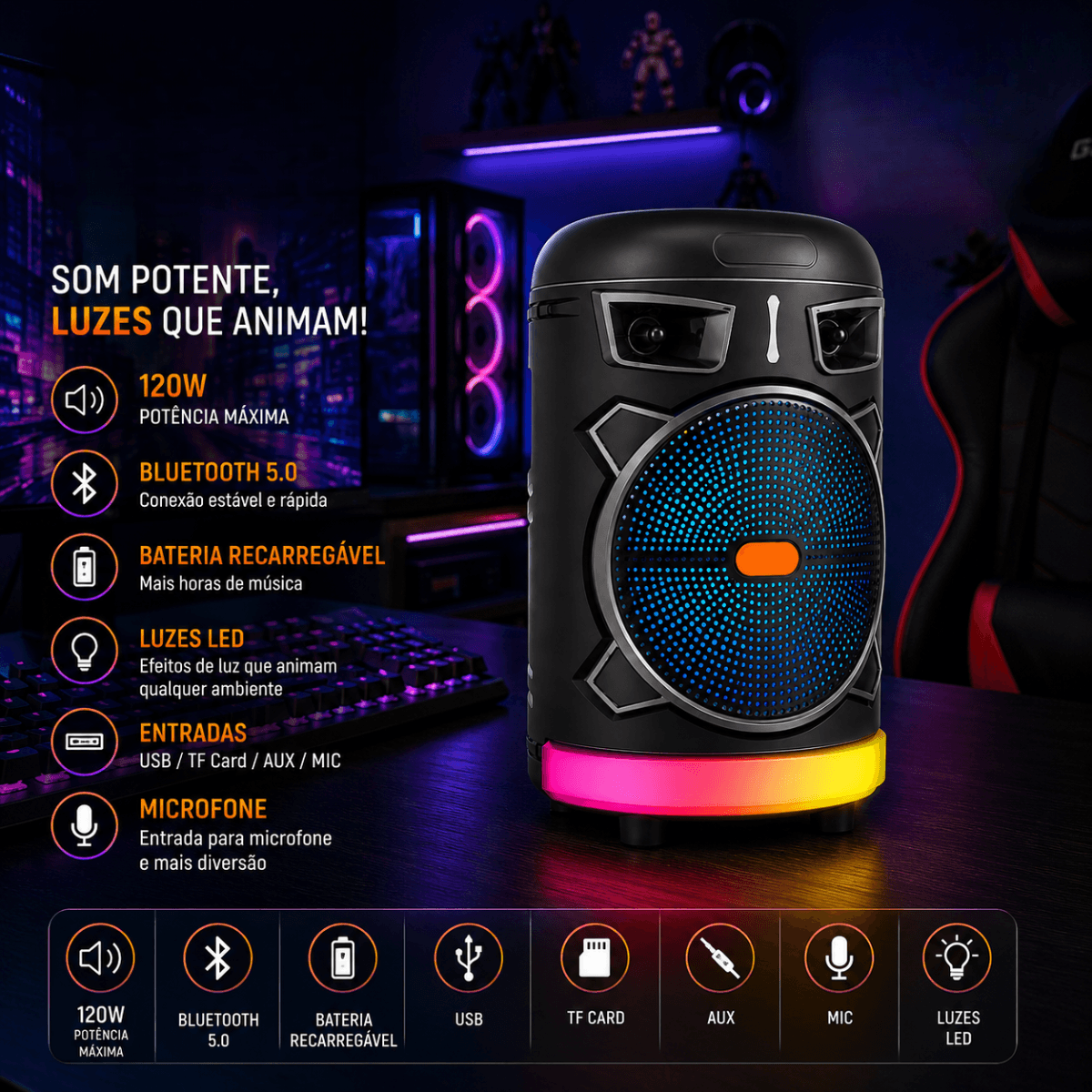 Caixa Som Bluetooth LED 120W Entrada USB TF AUX AL-3929