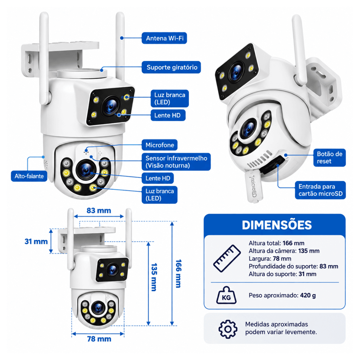 Câmera Segurança Externa Lente Dupla Wifi Ptz 360 JT-8660