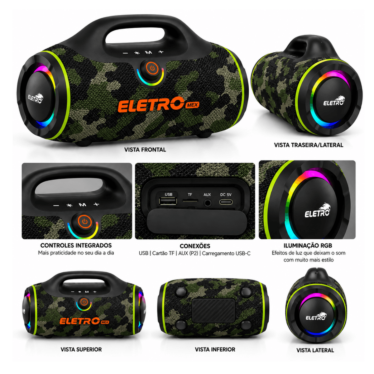 Caixa Som Bluetooth Portátil 300W RGB TWS EL-1127B