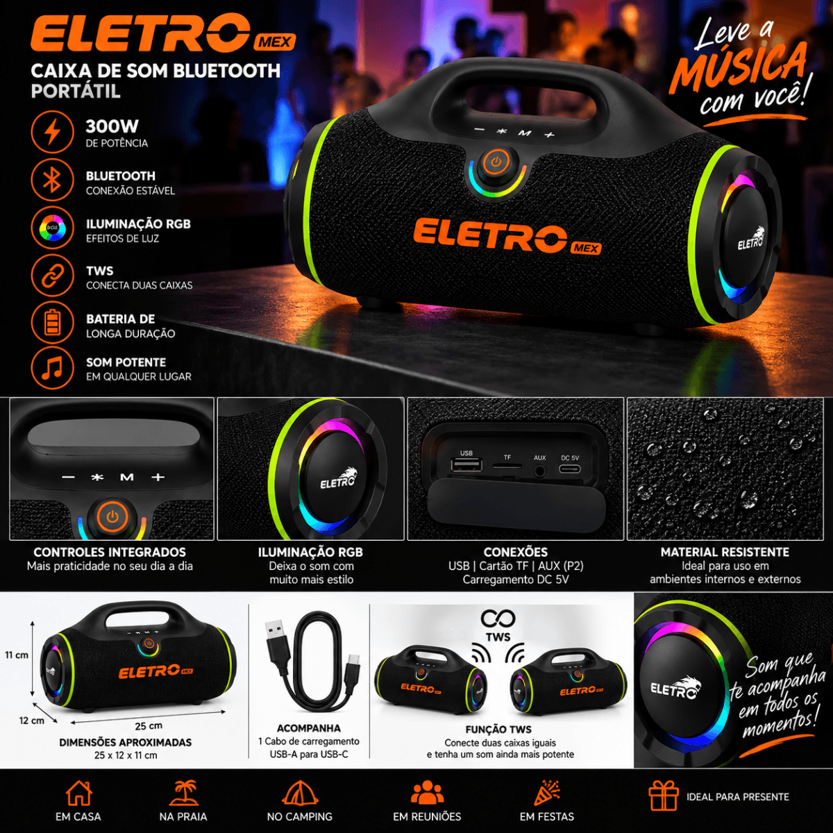 Caixa Som Bluetooth Portátil 300W RGB TWS EL-1127B
