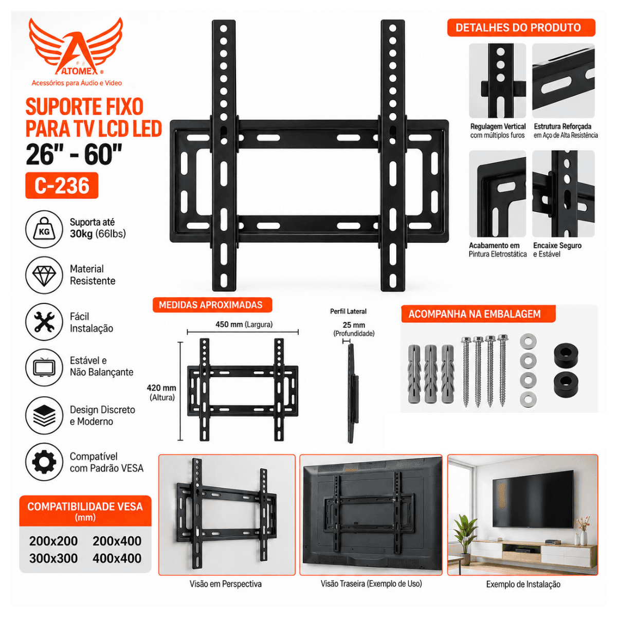 Suporte Fixo TV LCD LED 26 a 60 Polegadas até C-236