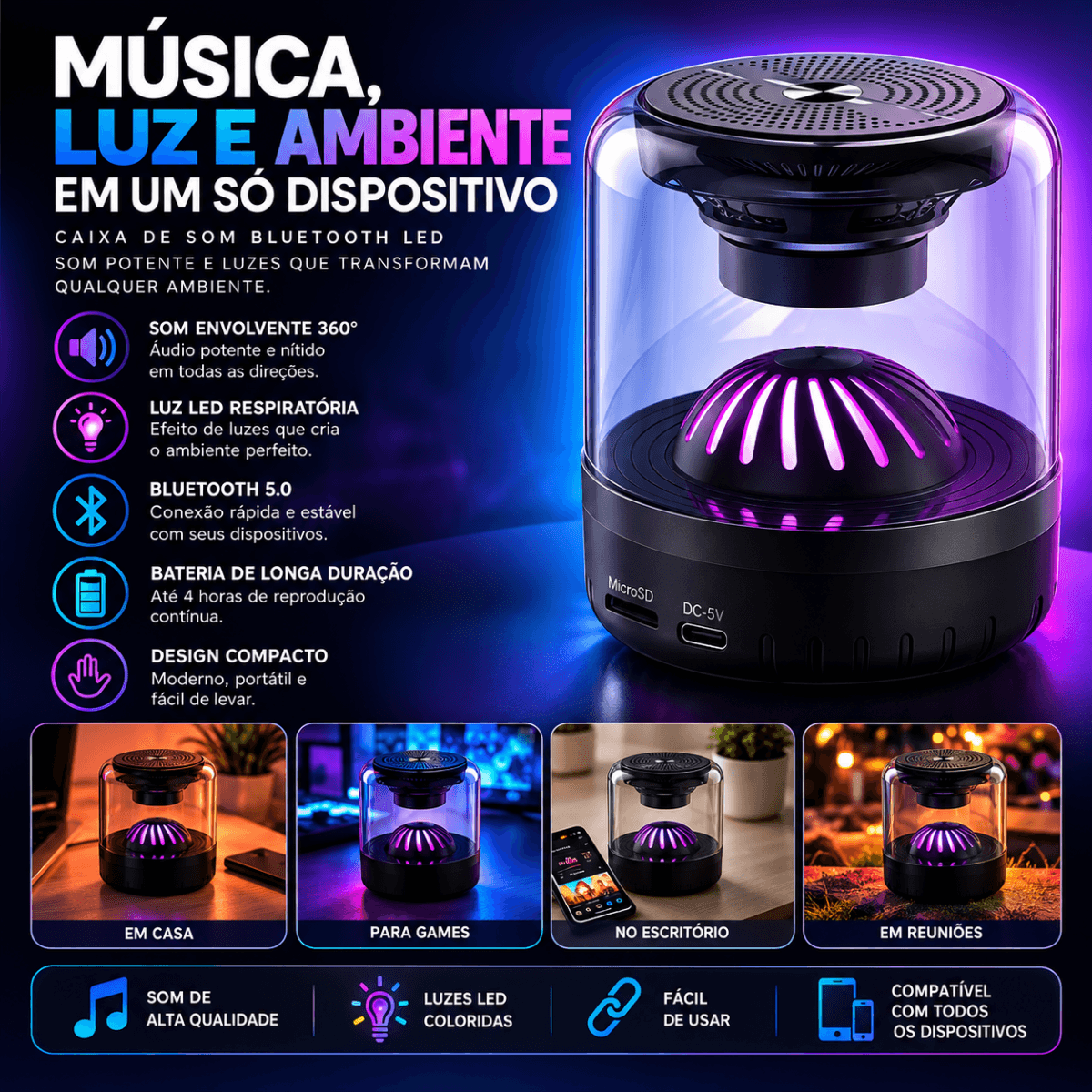 Caixa Som Bluetooth Luminária 20W TWS AL-8005