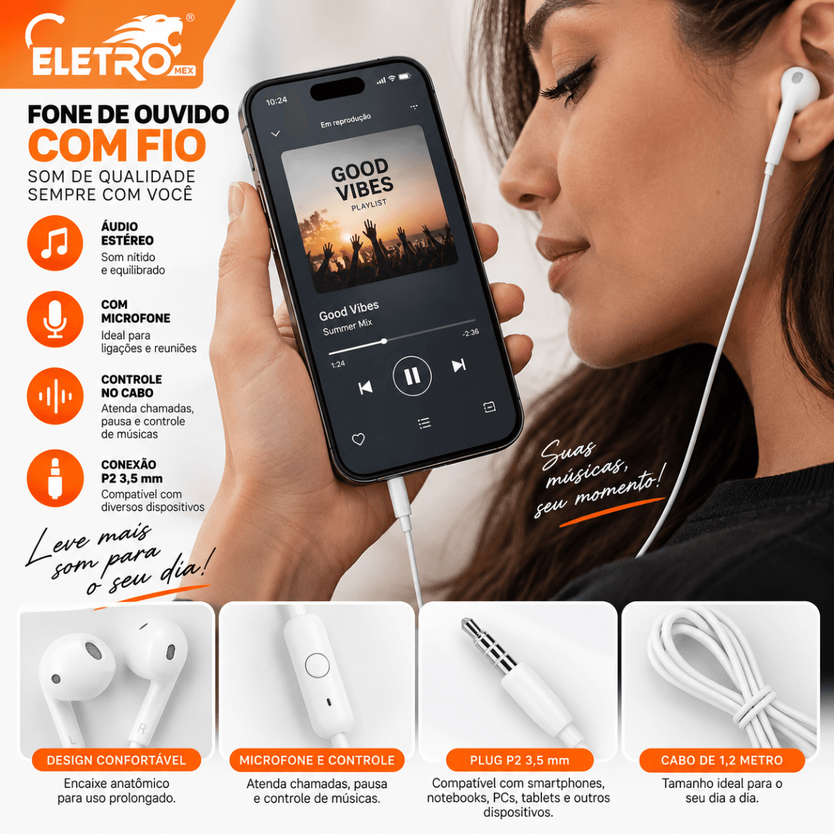 Fone Ouvido Fio P2 3 5mm Microfone Macaron Color MD-12474