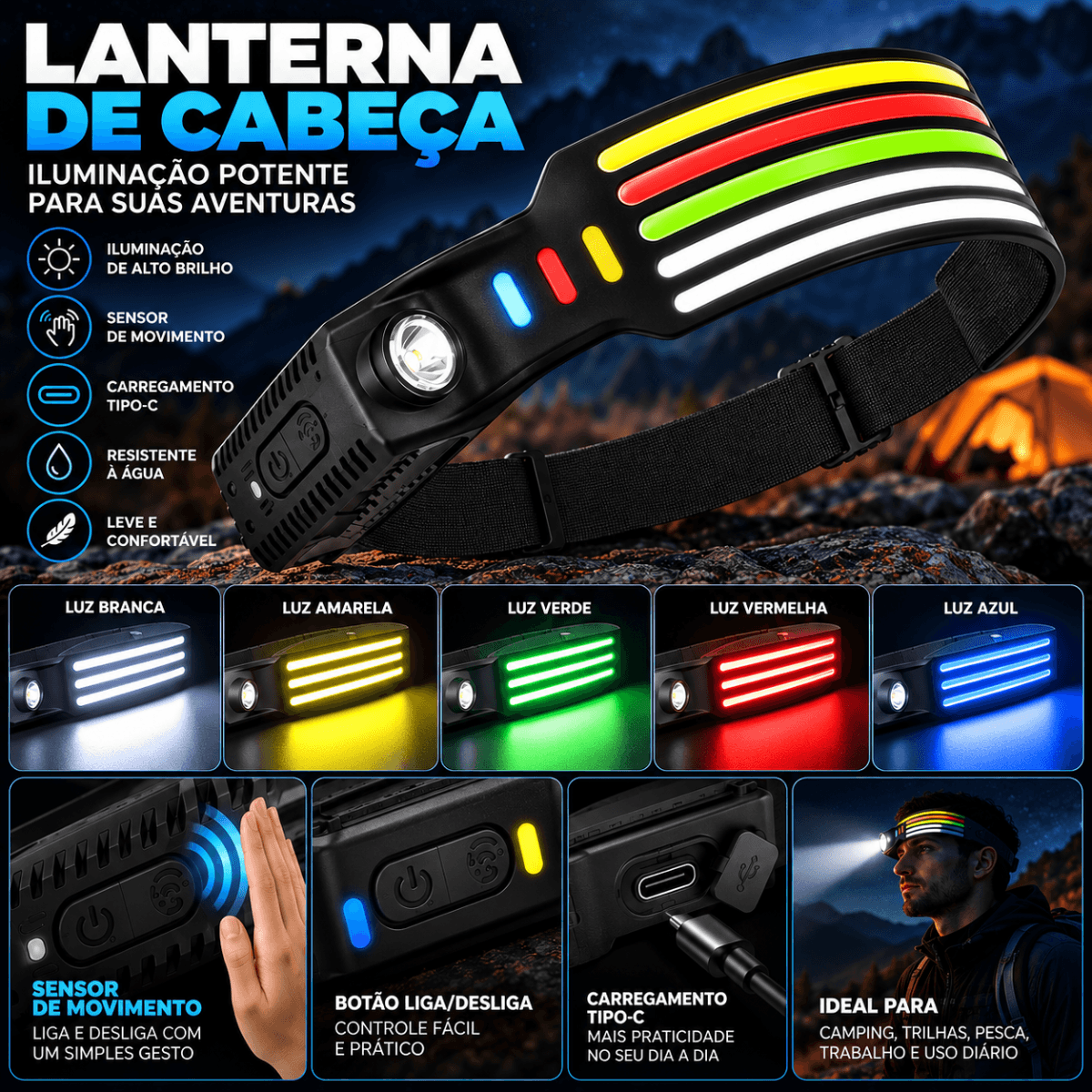 Lanterna Cabeça Farol Super LED COB Multicolor AL-B1905