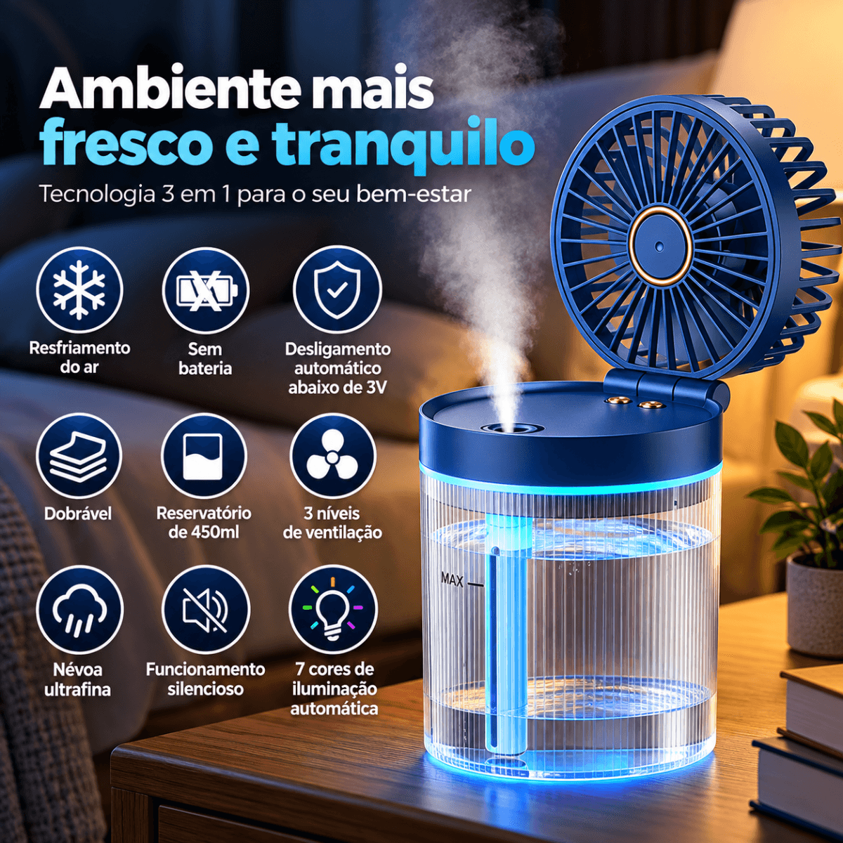 Ventilador Umidificador Ar Portátil 3 1 LED RGB 450ml AL-357