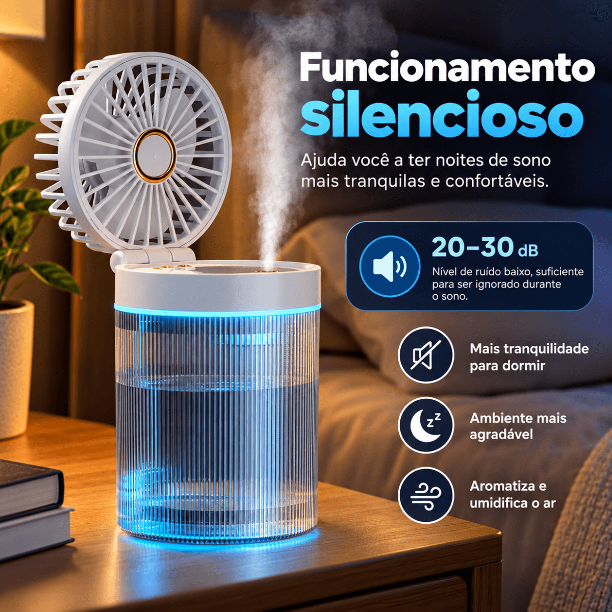 Ventilador Umidificador Ar Portátil 3 1 LED RGB 450ml AL-357