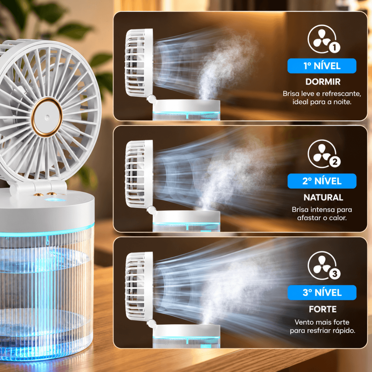 Ventilador Umidificador Ar Portátil 3 1 LED RGB 450ml AL-357