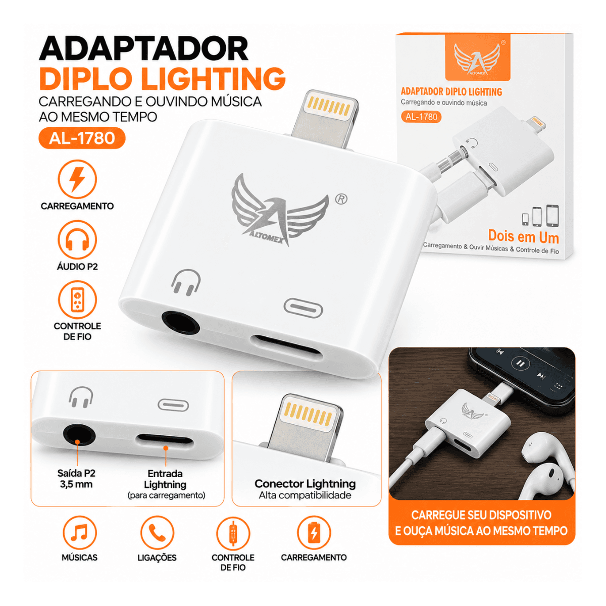 Adaptador Lightning 2 1 Fone P2 Carregamento AL-1780