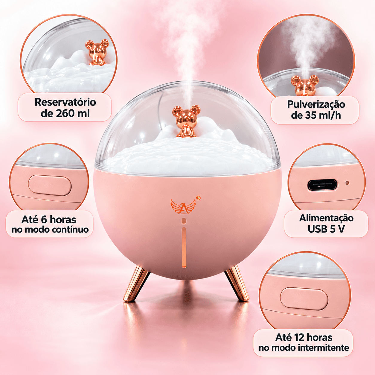 Umidificador Ar Espacial 260ml USB Formato Ursinho AL-2698
