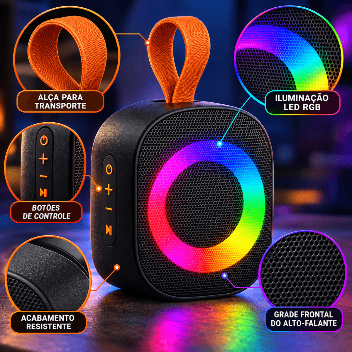 Caixa Som Bluetooth Portátil 5W LED RGB Alça AL-8585