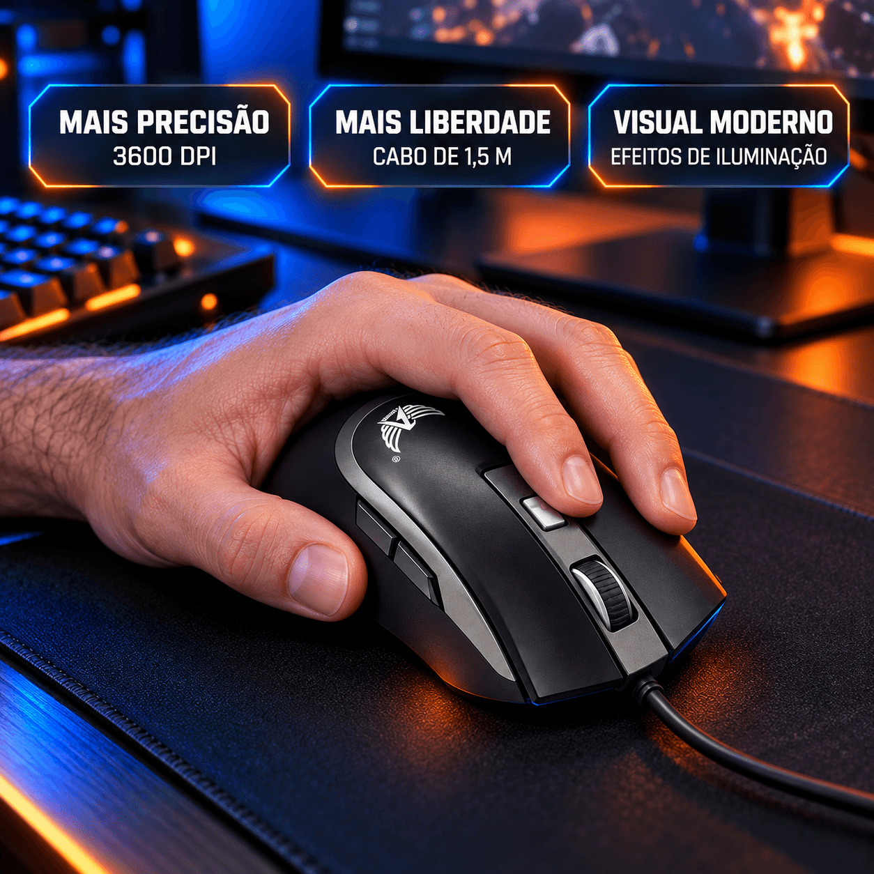 Mouse Gamer Fio USB 3600 DPI Iluminação LED A-G701