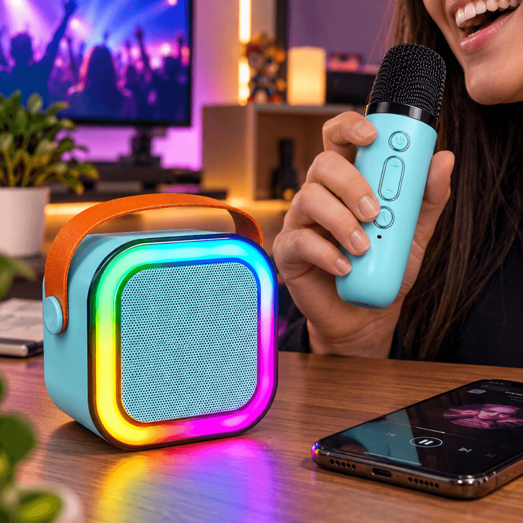 Mini Caixa Som Karaoke 10W LED RGB Microfone EL-1038