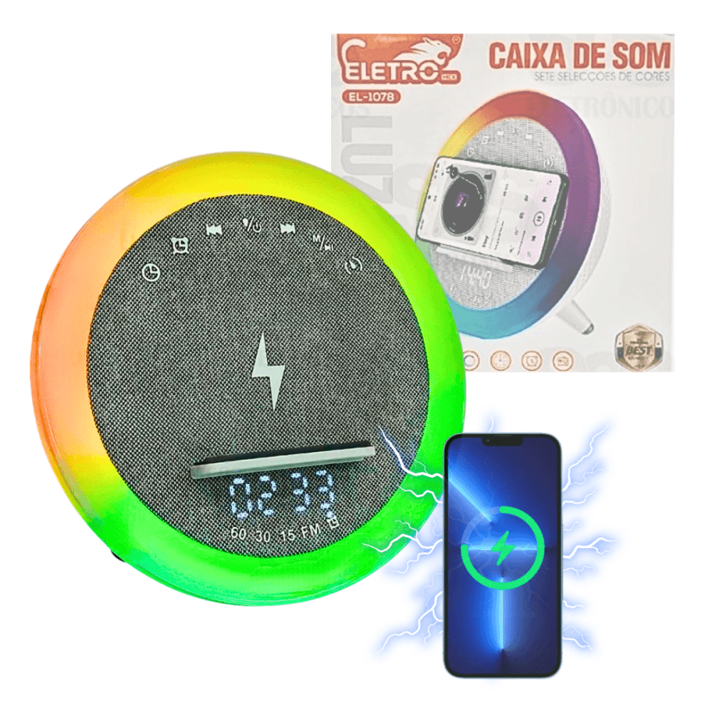 Caixa Som Relógio Digital Luz LED RGB Carregador Por EL-1078 — Relógio Digital
