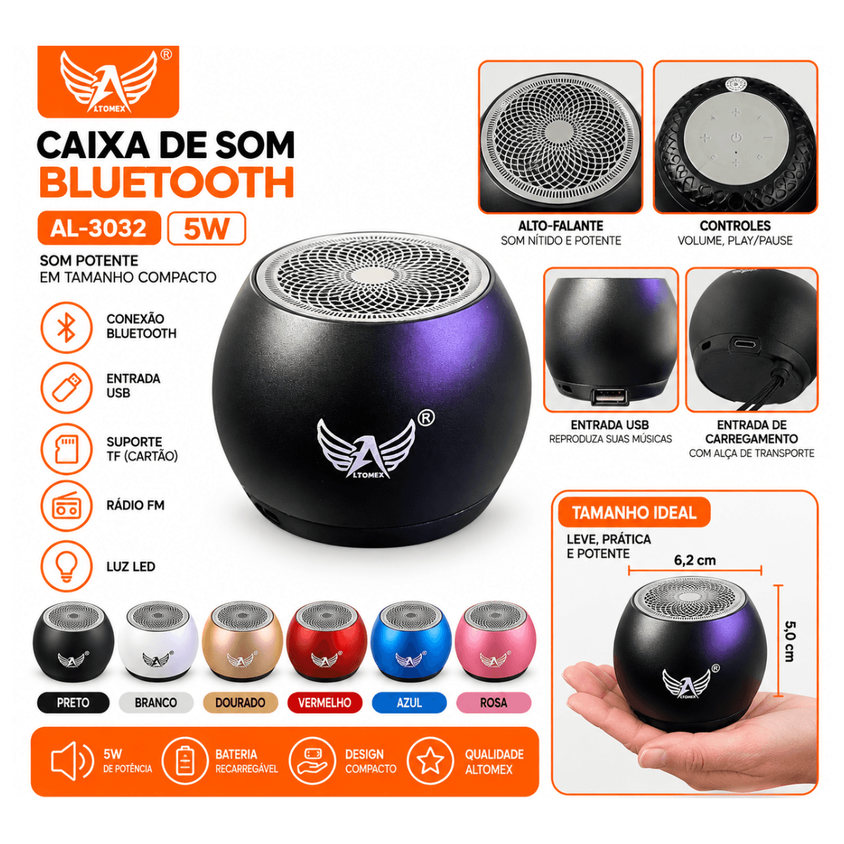 Caixa Som Portátil 5W USB Recarregável AL-3032