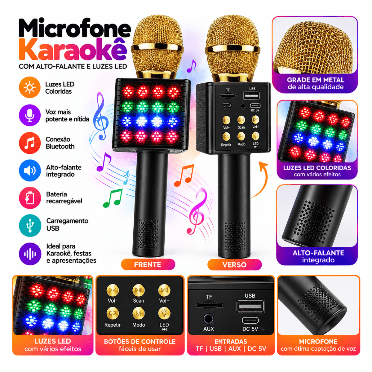 Microfone Karaokê Bluetooth Caixa Som 5W LED TWS AL-917