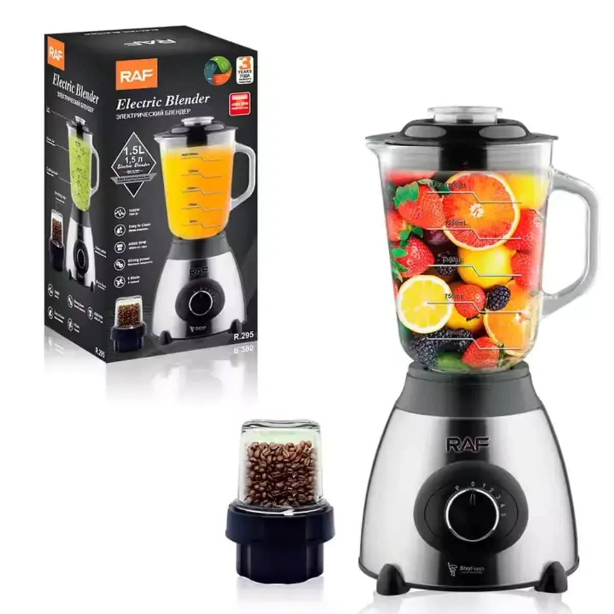 Licuadora RAF 2 en 1 de 1000 W con vaso de vidrio y moledor