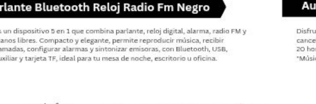 Parlante Bluetooth Reloj Radio FM Negro