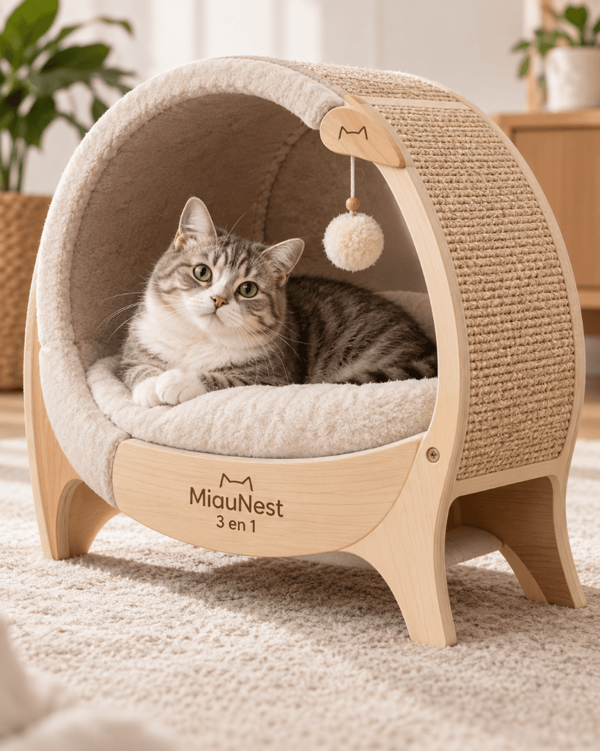 MiauNest 3 en 1 Cama, Rascador y Centro de Juegos para Gatos — BLANCO