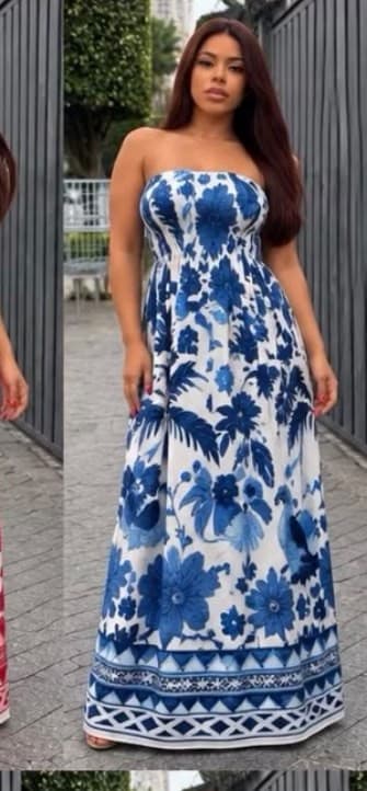 vestido longo inspiração Farm — Azul