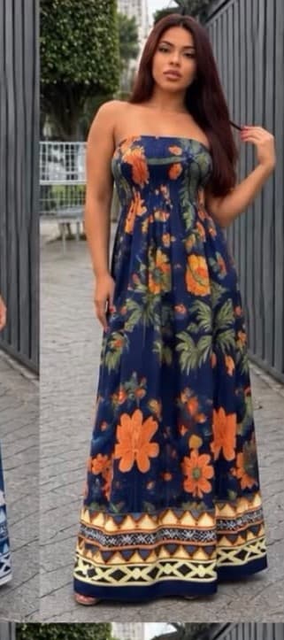 vestido longo inspiração Farm — Azul marinho