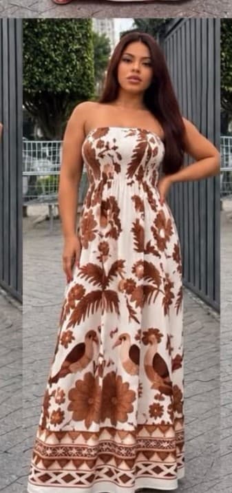 vestido longo inspiração Farm — Marrom