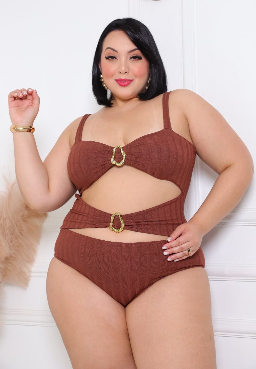 BODY 2 ARGOLA • CANELADO COM ELASTANO — Marrom