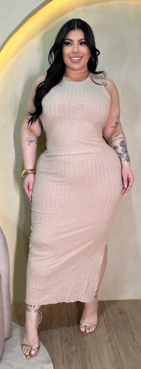 VESTIDO LÍDIA• CANELADO PREMIUM — Marrom claro