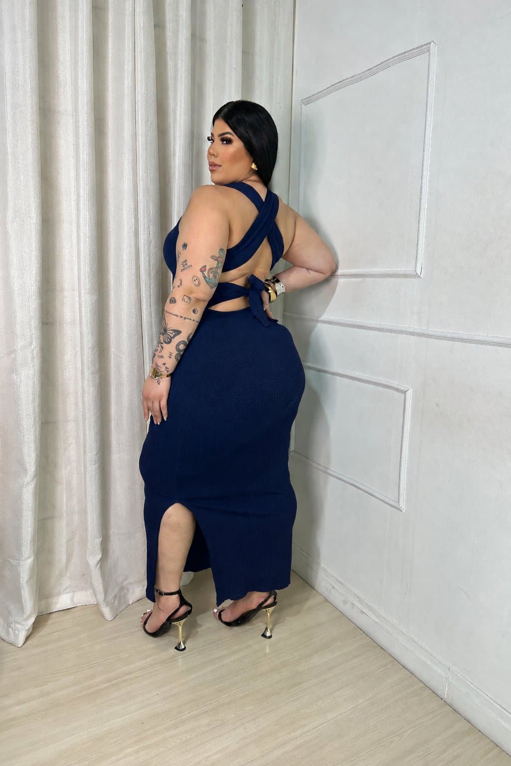 VESTIDO LÍDIA• CANELADO PREMIUM — Azul caneta